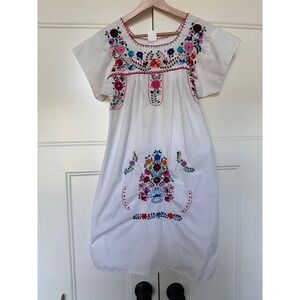 Mexican Embroidered Dress Womens 10 Tunic Shift Floral Cotton Traditional